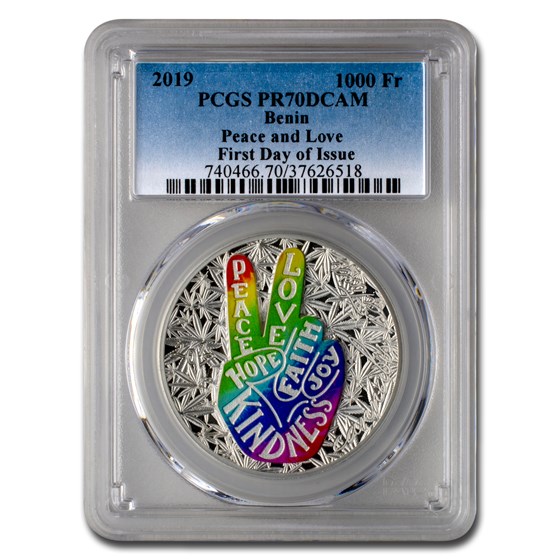 2019 Benin 1 oz Silver Peace and Love PR-70 PCGS 2019 Benin 1 oz Silver Peace and Love PR-70 PCGS